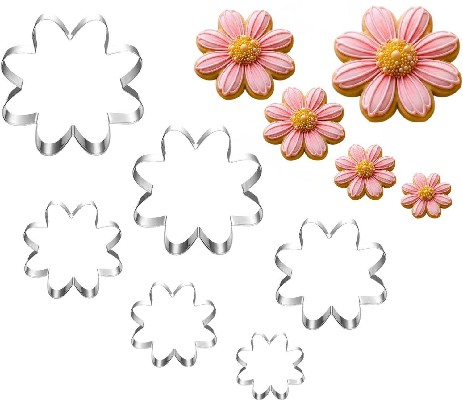 Juego de 6 cortadores de galletas de margaritas, 10,16 cm, 8,92 cm, 7,62 cm, 6,35 cm, 4,62 cm, 2,54 cm, aptos para lavavajillas, cortadores de galletas con flores para hornear