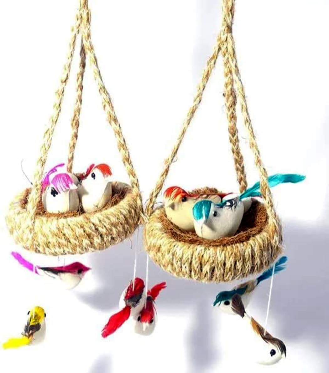 HAMLET® Artificial Mini Birds with Hanging Jute Nest for School Projects/Model Making or Decoration (2 Set of Nest with 5 Birds Each)-image-22