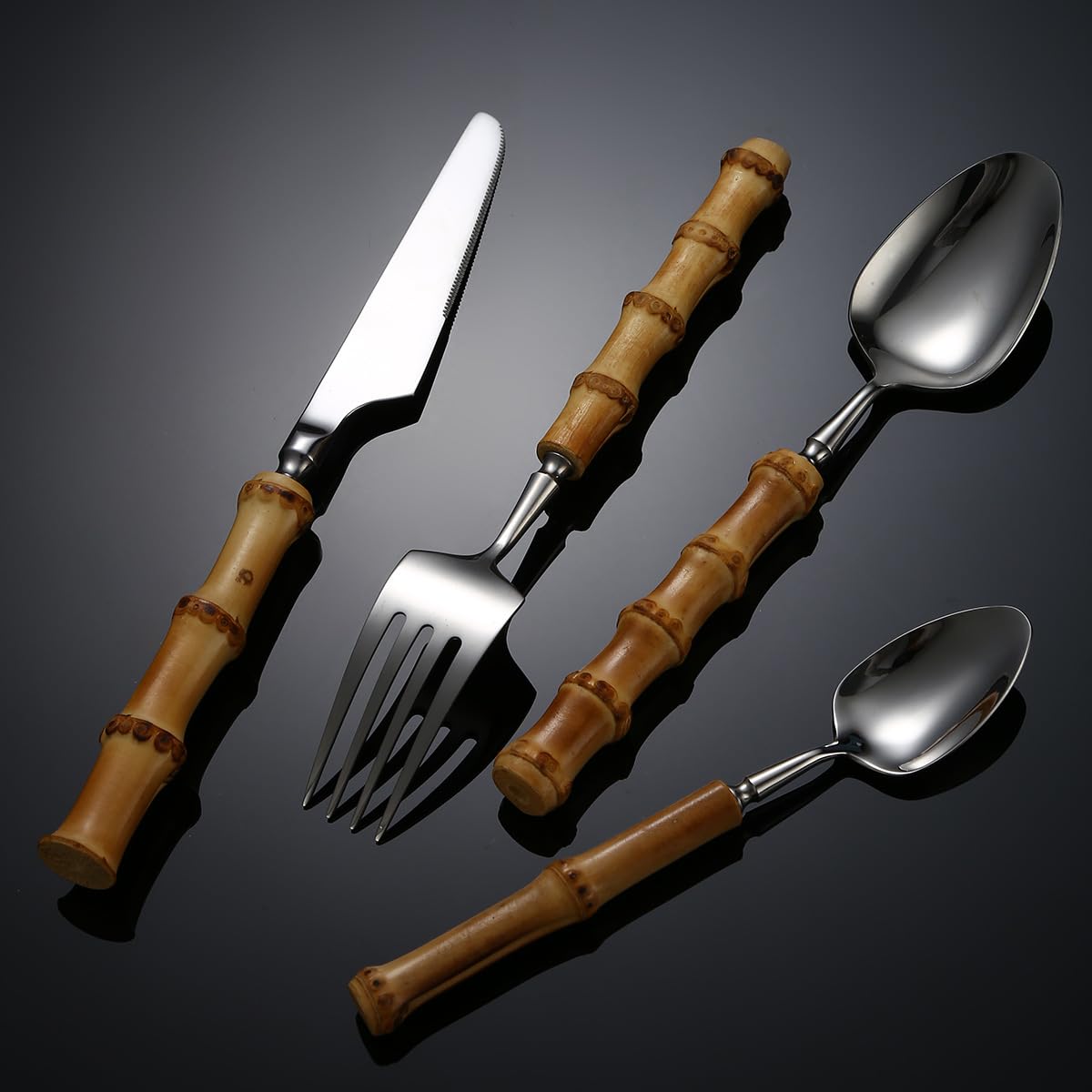 Juego de Cubiertos de Plata (4/16/24/32/40/48 Piezas), Mango de bambú Natural 304, Cuchillo, Tenedor y Cuchara de Acero Inoxidable, vajilla de Hotel, Cuchillo para Carne, Plateado (32 Piezas)