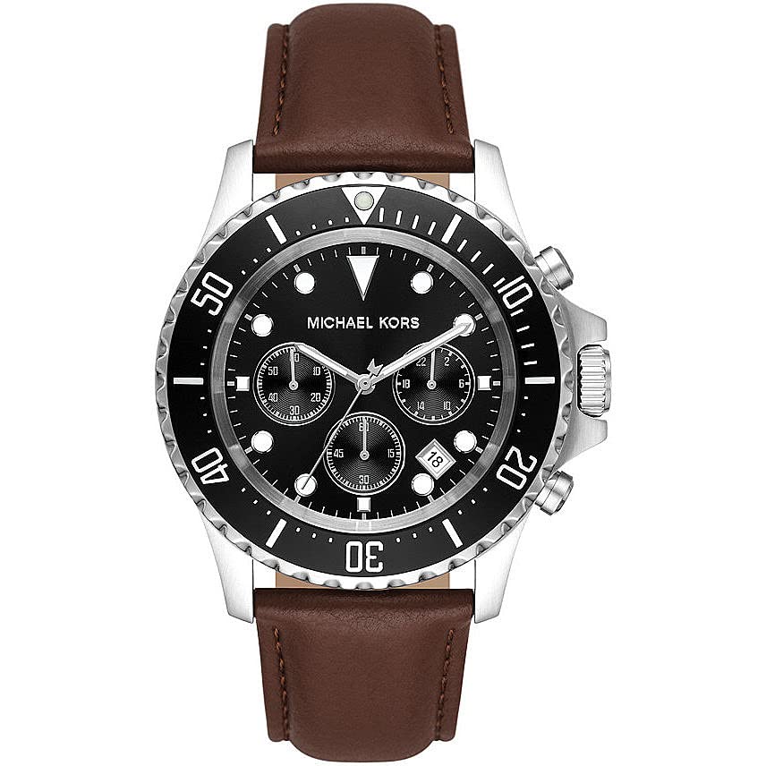 Michael Kors Montre pour Homme Everest, Mouvement à Quartz, Boîtier en Acier Inoxydable de 45 mm avec Bracelet en Cuir, MK9054