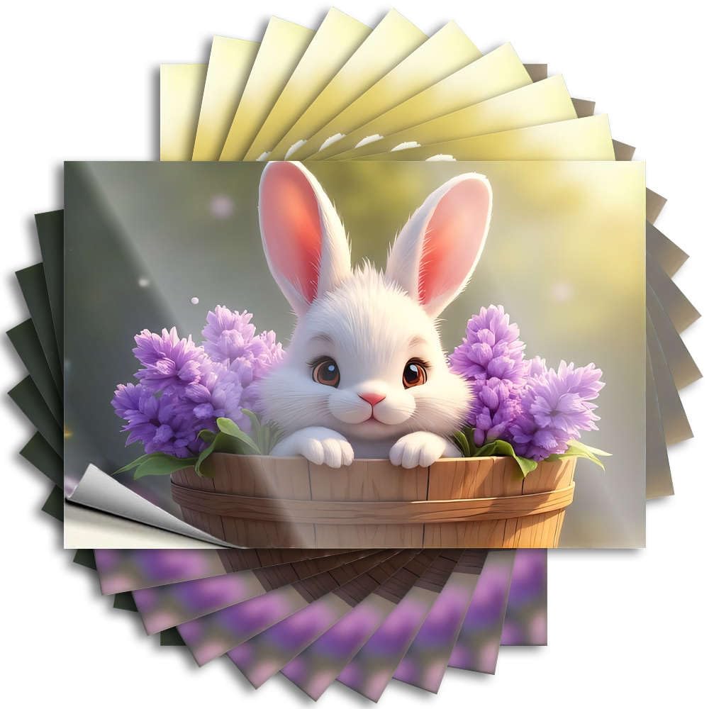 Saying Home Easy Apply | A Cute White Bunny with Purple Flowers in A Wooden Basket Cool Garage Peel and Stick(6X9CM)