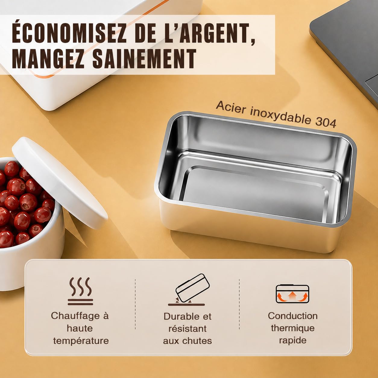 Boîte Repas Électrique Sans Fil 1L avec Batterie 12000mAh, Lunch Box Chauffante Portable, Chauffe-Plat Inox avec Écran et Minuterie, pour Travail, Bureau, Voiture, Camping