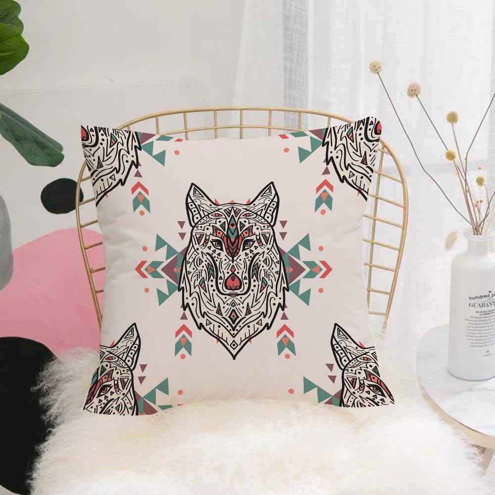 HYOSXW Cushion Cover,Throw Pillow Case Home Decorative for Living Room Bedroom Sofa Chair 16X16 Inch,pattern with tribal style wolf with ethnic ornaments. American indian motifs. B,Pillowcase 40X40cm