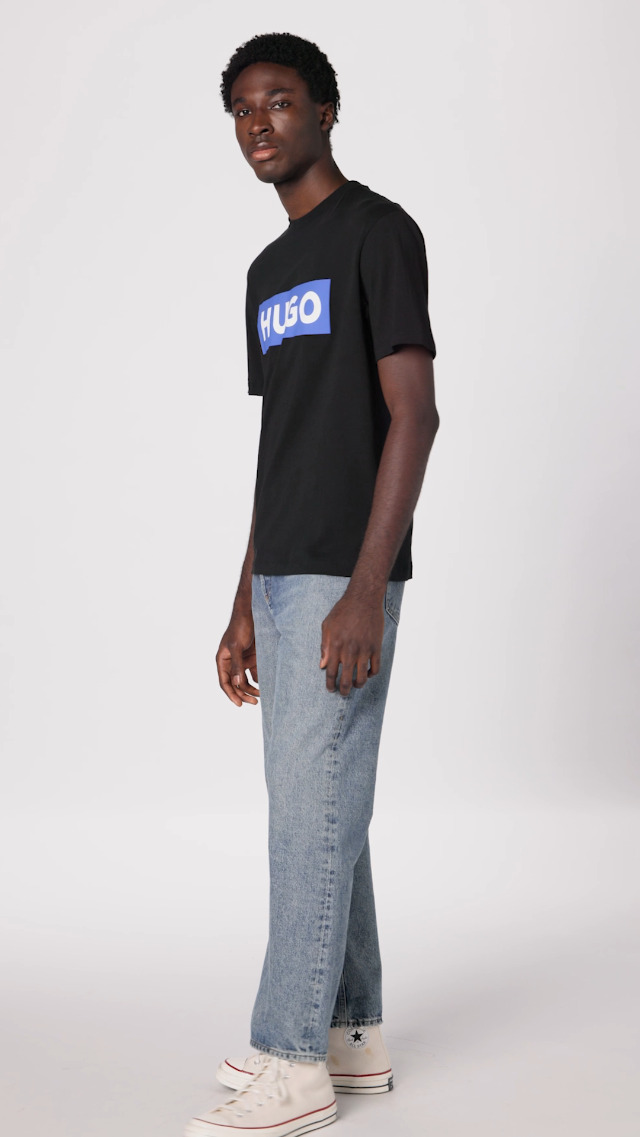 HUGO Logo Stripe Cotton Crew Neck T-Shirt Black Pepper Medium