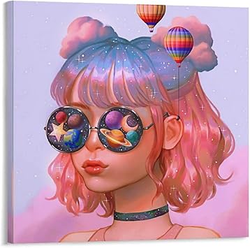 Amazon ファンタジー 抽象 熱気球 メガネとアニメの女の子のポスターキャンバスポスター寝室の装飾スポーツ風景オフィスルームの装飾ギフトキャンバスポスター壁アートの装飾リビングルームの寝室の装飾のための絵画の印刷24x24inch 60x60cm ウォールステッカー