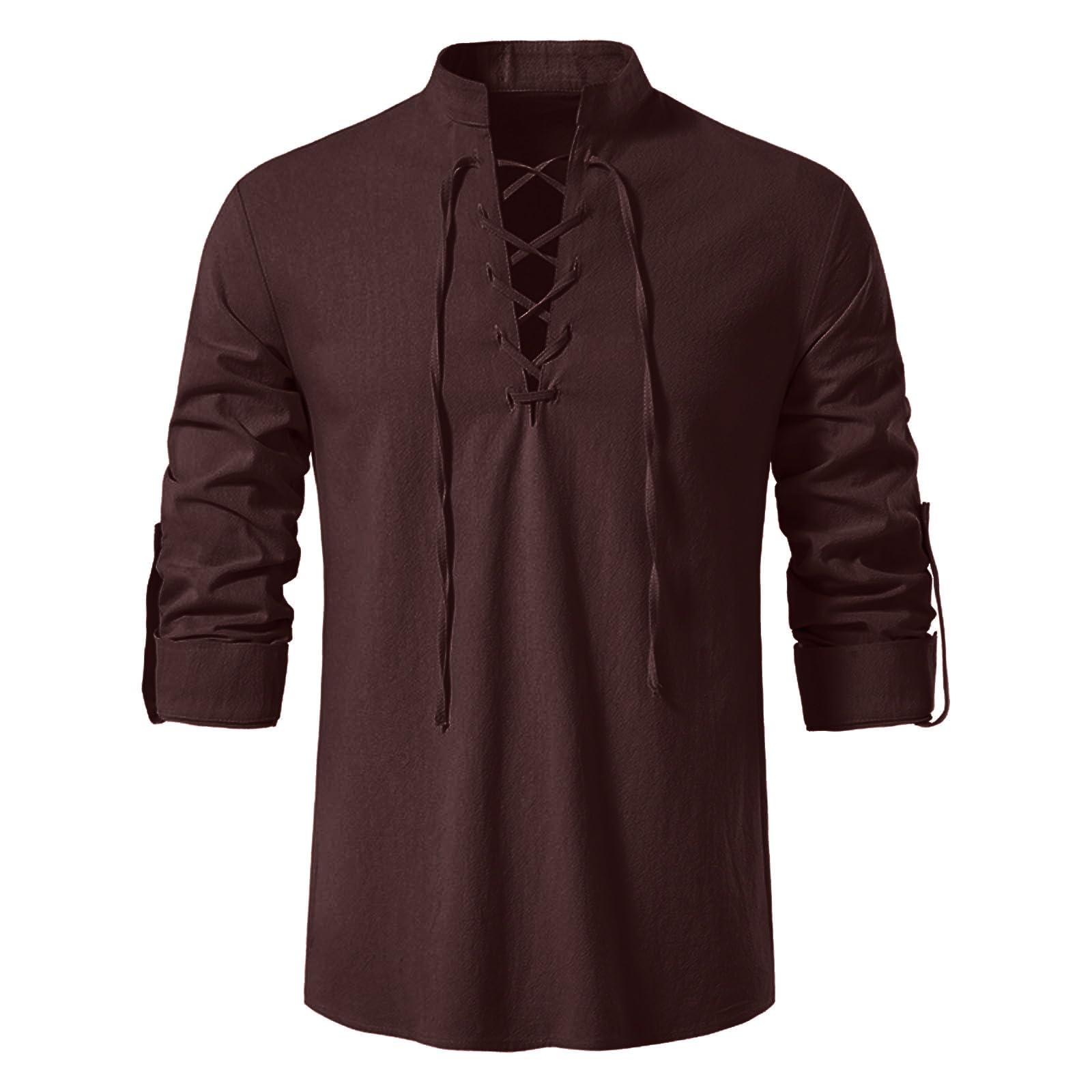 VDDTAGAM Linen Shirt Men Classic Medieval Lace Up Long Sleeve Retro Viking Tops Pirate Costume Scottish Ghillie Shirts Henley-Shirt (Coffee,L) VD7
