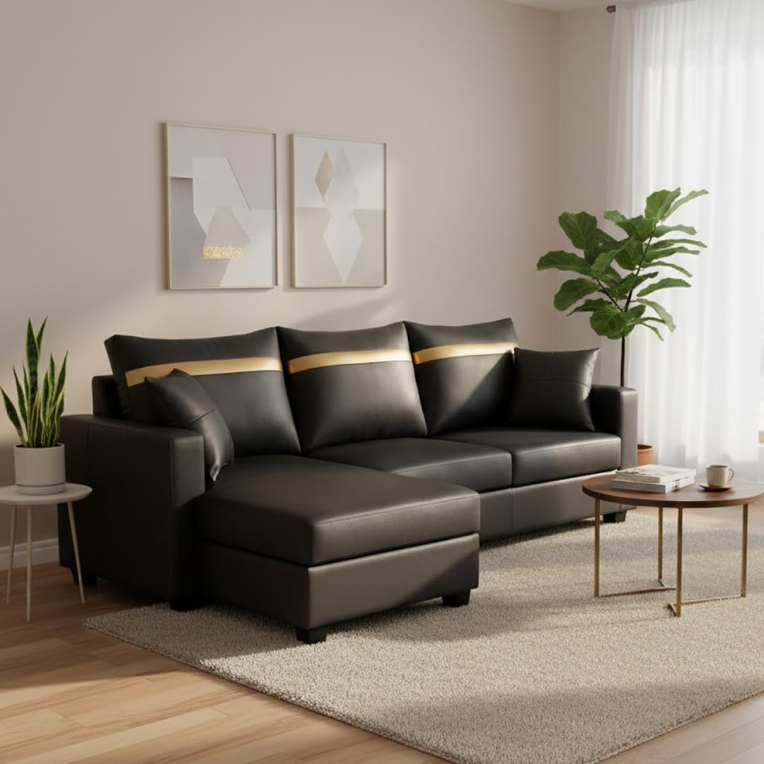 FURNY Aressa 4 Seater Leatherette LHS L Shape Sofa Set (Black) Hollister 5 Seater Interchangeable Leatherette L Shape Sofa Set (Black)-image-38