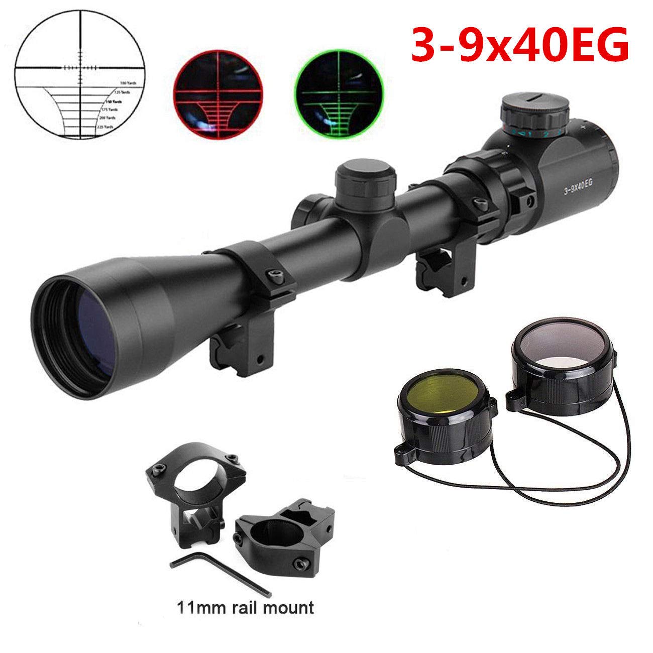 Aufun Lunette 3-9x40EG Réticule Mil-Dot Anti-buée Points de Visée Rouges Verts 11mm Montures Chasse Sport Tactique