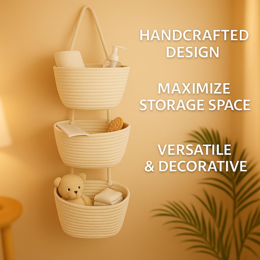 Japanese Handmade Cotton Rope Hanging Basket Organizer – 3 Tier Wall boho Storage Organizer for Toys , Snacks & Décor – Eco-Friendly Coiled Weaving Craft, Housewarming & Shower Gift (White)
