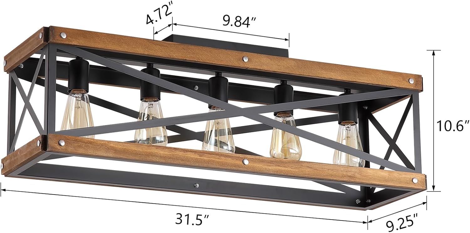 5-Light Large Rustic Farmhouse Wood Flush Mount Ceiling Light Fixture 31.5 inch Oak Wood and Metal Rectangular Track Semi Flush Mount Ceiling Light for Kitchen Living Room Bedroom Indoor, Black