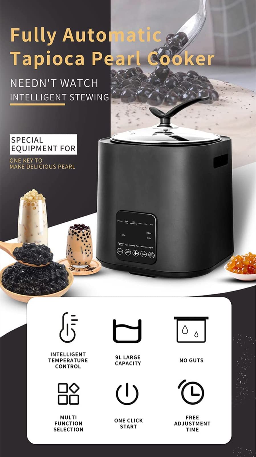 ENPAP Fully Automatic Pearl Pot, 9L Commercial Milk Tea Pearl Maker,1300W Tapioca Boba Pearl Pot Cooker with Smart Control Panel, Milk Tea Boba Pot Cooker