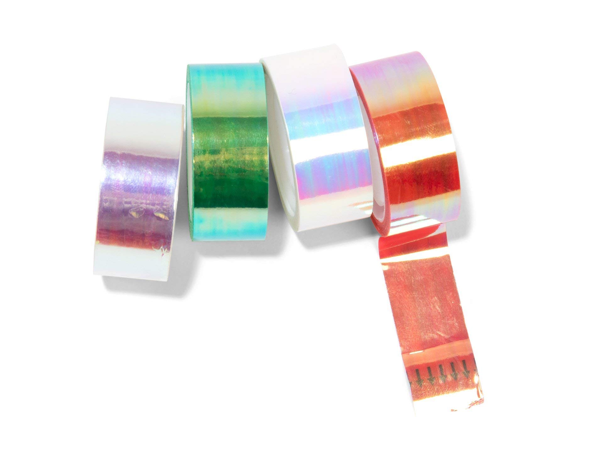 Modulor Set of 4 Multi Coloured Mirror Effect Iridescent Gift Wrap Tape 10m Length x 19mm Width, White,Green,Red - Image 3