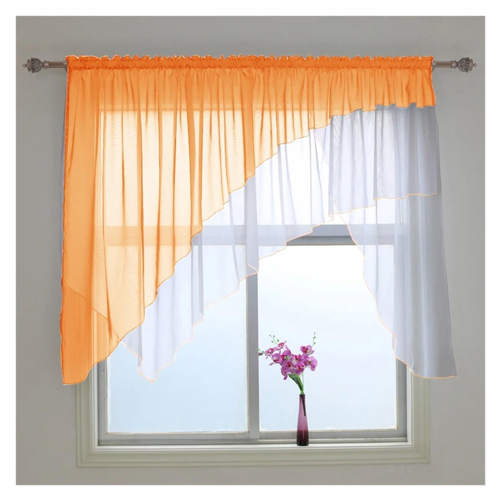 Bistrogardine Unregelmäßige abgeschrägte Kante Wohnzimmer Vorhänge Kurz Transparent Küche Balkon Fenster Vorhang 1 PCS(Orange,Narrow Pleated Tape_W250CM X H140CM)