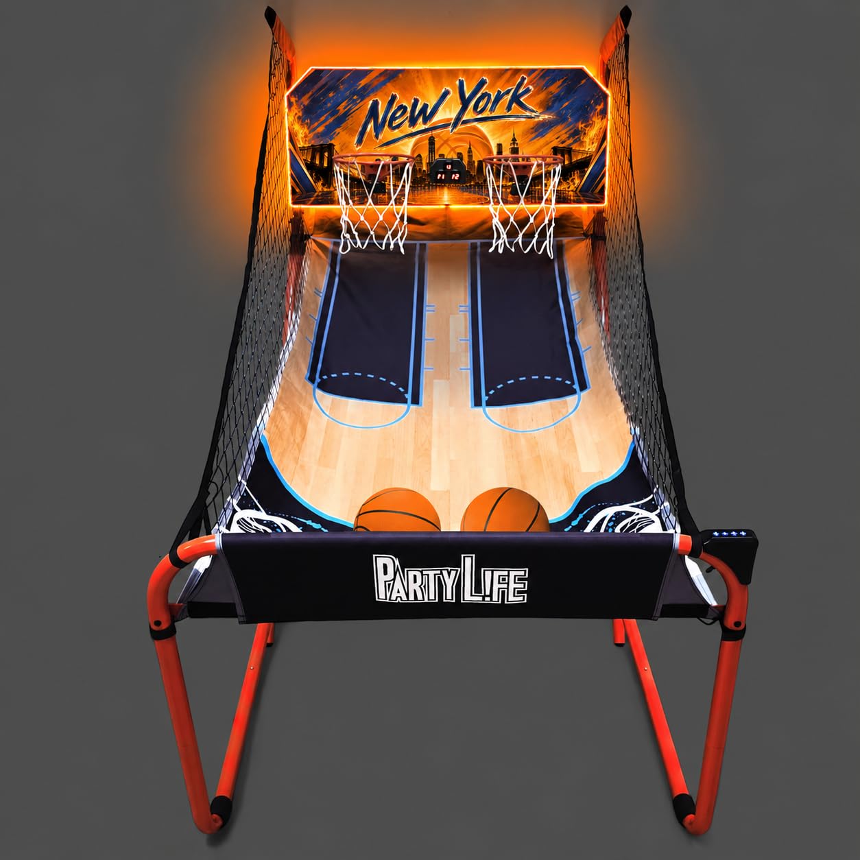 PartyLife 2-Player Basketball Arcade Game w/LED Lights | Electronic Scoring | 5 Balls, 1 Pump, 8 Games | Folding Design | Heavy-Duty Steel Frame