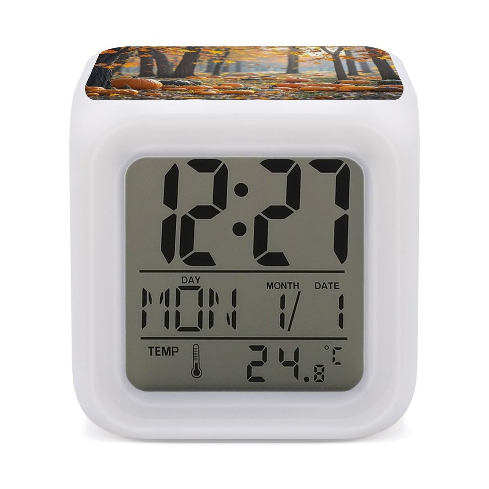 LZQPOEAS Orange Pumpkin and Maple Grove Alarm Clock Desk Clock with 7 Color Changing Night Light Digital Clocks with Temperature Display Sleep Training and Sound Machine for Heavy Sleeper