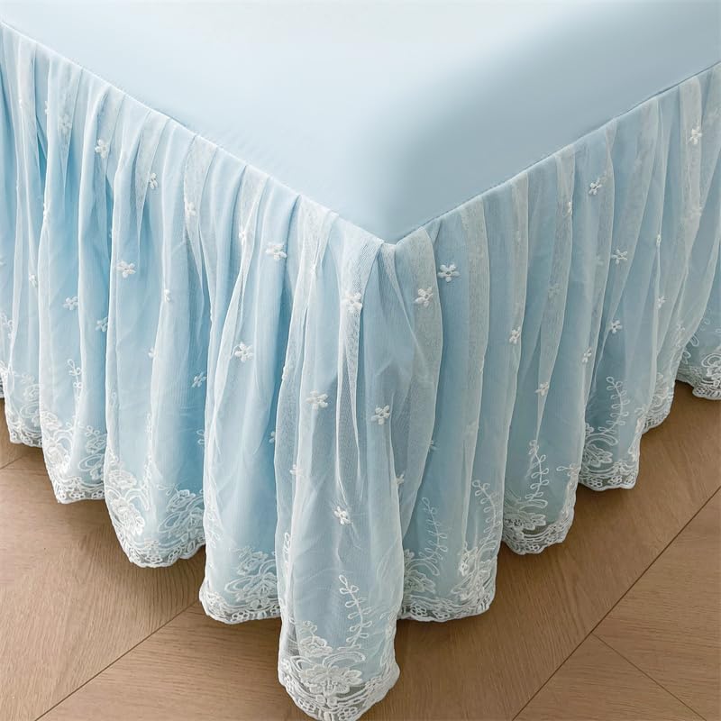 Queen Size 2 Tiers White Lace Ruffle Bedspread Sheet Only Washed Cotton Bed Sheet with Skirt, Light Blue