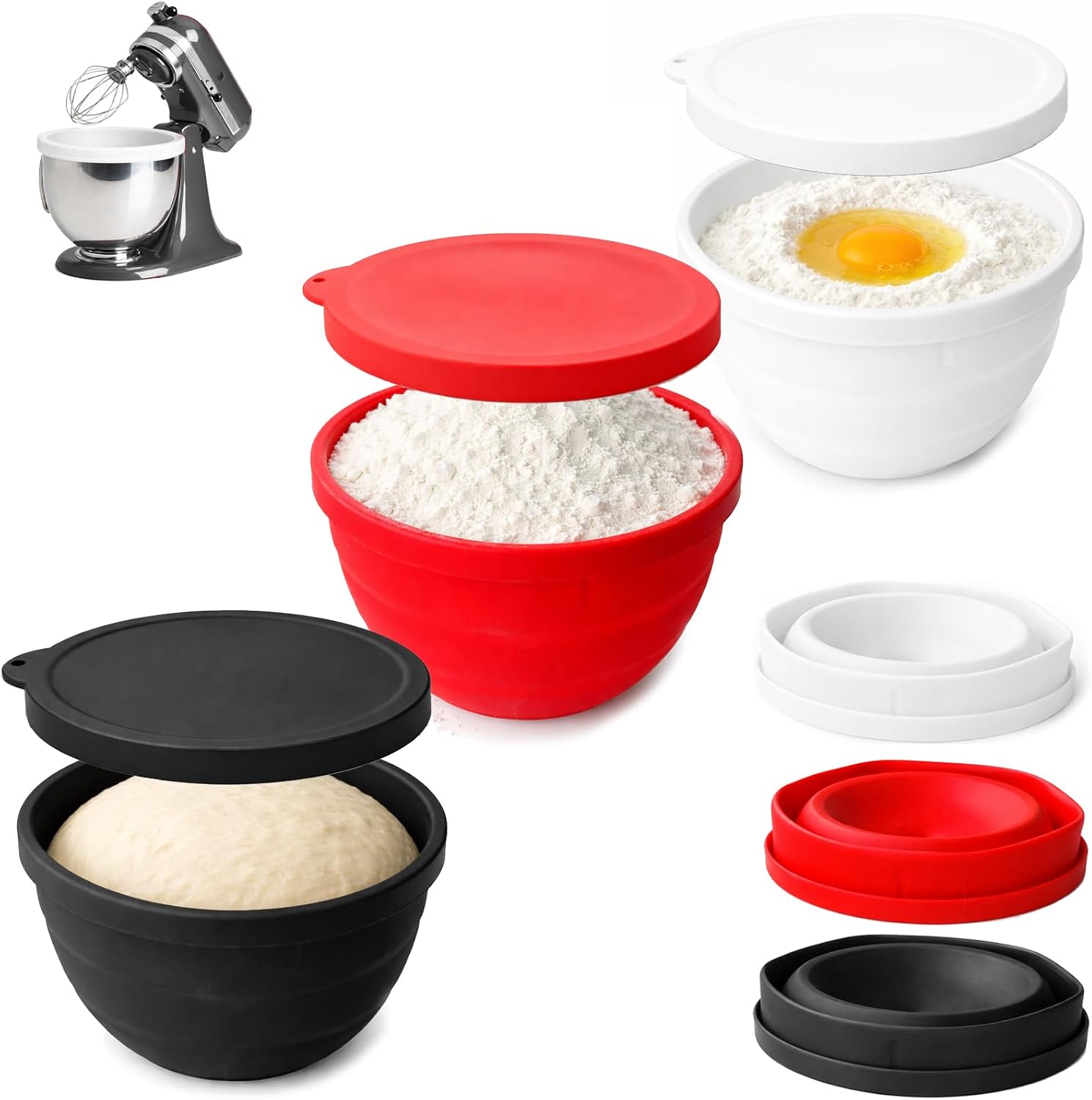 5 Qt Tilt-Head Silicone Liners for Stand Mixer, 3 Foldable Silicone Bowl Liners With Lid, Dishwasher Safe, Food Grade Silicone, for Stand Mixer Accessories and Attachments, Not for Bowl Lift Models