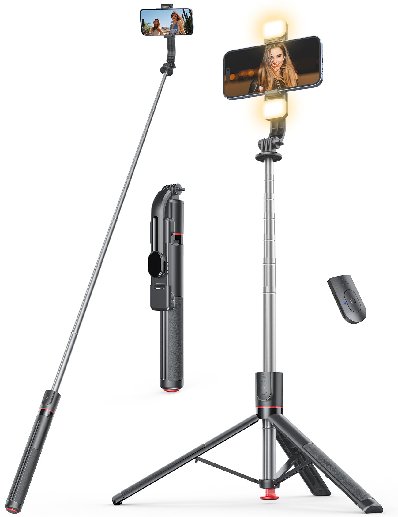 Selfie Stick with Light, 45'' Selfie Stick Tripod with Wireless Remote, Portable Travel Phone Tripod Compatible with,Android Smartphone (White) (Black– 67" Extended Height)-image-39