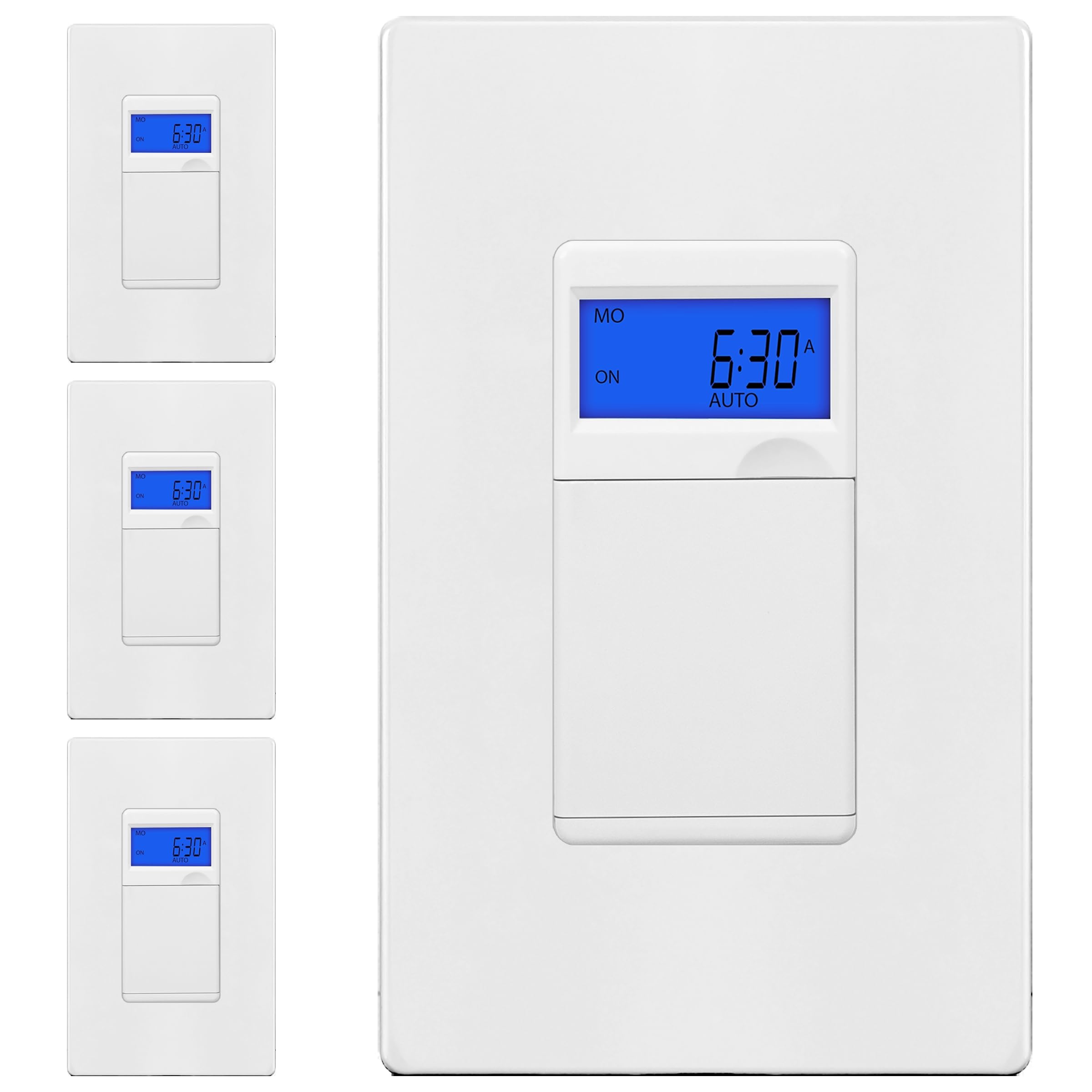 Photo 1 of Enerlites 7 Days Digital in-Wall Programmable Timer Switch for Lights, Fans, and Motors, Single Pole, Neutral Wire Required, 7-Day 18 ON/Off Timer Settings, with Blue Backlight, HET01, White, 4 Pack