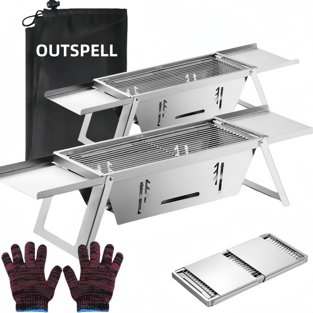 Parrilla de carbón Protable pequeña para exteriores: parrilla de carbón plegable Mini BBQ para acampar (paquete de 2)
