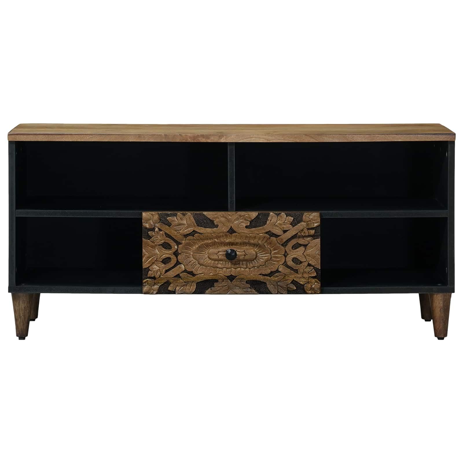 Mueble para TV (madera maciza, mango bajo, 100 x 33,5 x 46 cm), color marrón | Mueble bajo moderno con patas de metal para sala de estar y pasillo, ofrece espacio de almacenamiento con cajón y estantes.
