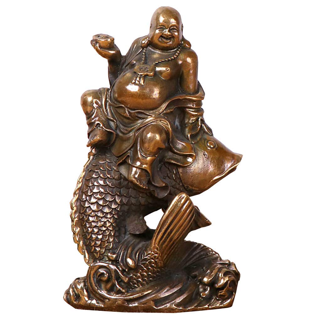IUokLU Laughing Buddha Statue Ornament Brass Maitreya Buddha God of Wealth with Riding Arowana Figure Sculpture, Feng Shui Home Office Decoration,Brass