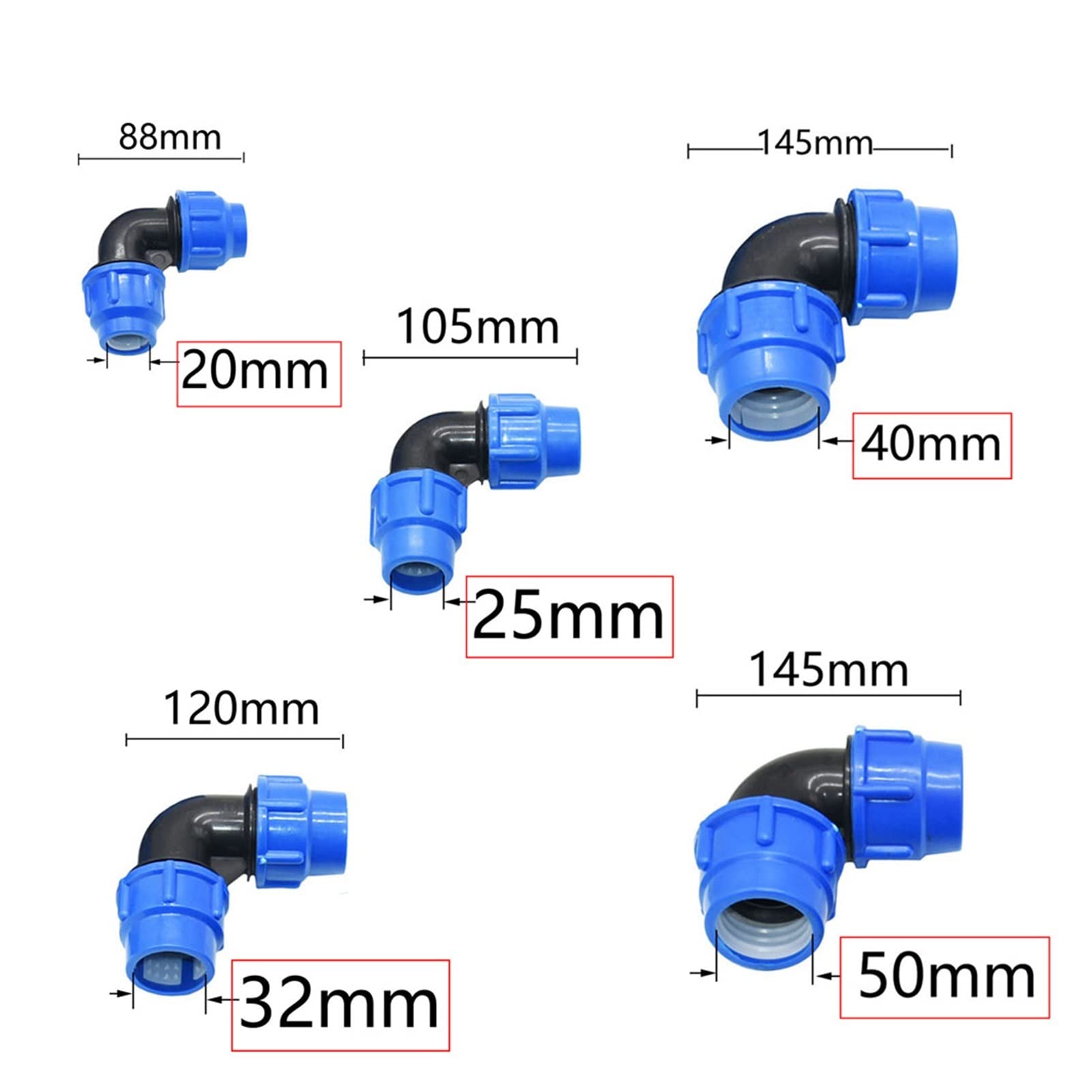Adaptador de Conector de Utilidad Adaptador de Conector de Manguera 20 Mm/25 Mm/32 Mm/40 Mm/50 Mm Tubería de Pe Junta Rápida Codo de 90 Grados Diámetro Variable Junta Rápida Accesorio de Plástico/Púrp