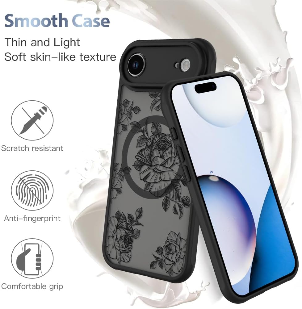 AIGOMARA Case Made for iPhone Air [Compatible with MagSafe] Black Flower Floral Pattern Design for Women Girls Soft TPU Bumper Hard PC Back Anti-Fall Shockproof Protective Slim Magnetic Cover - Image 5