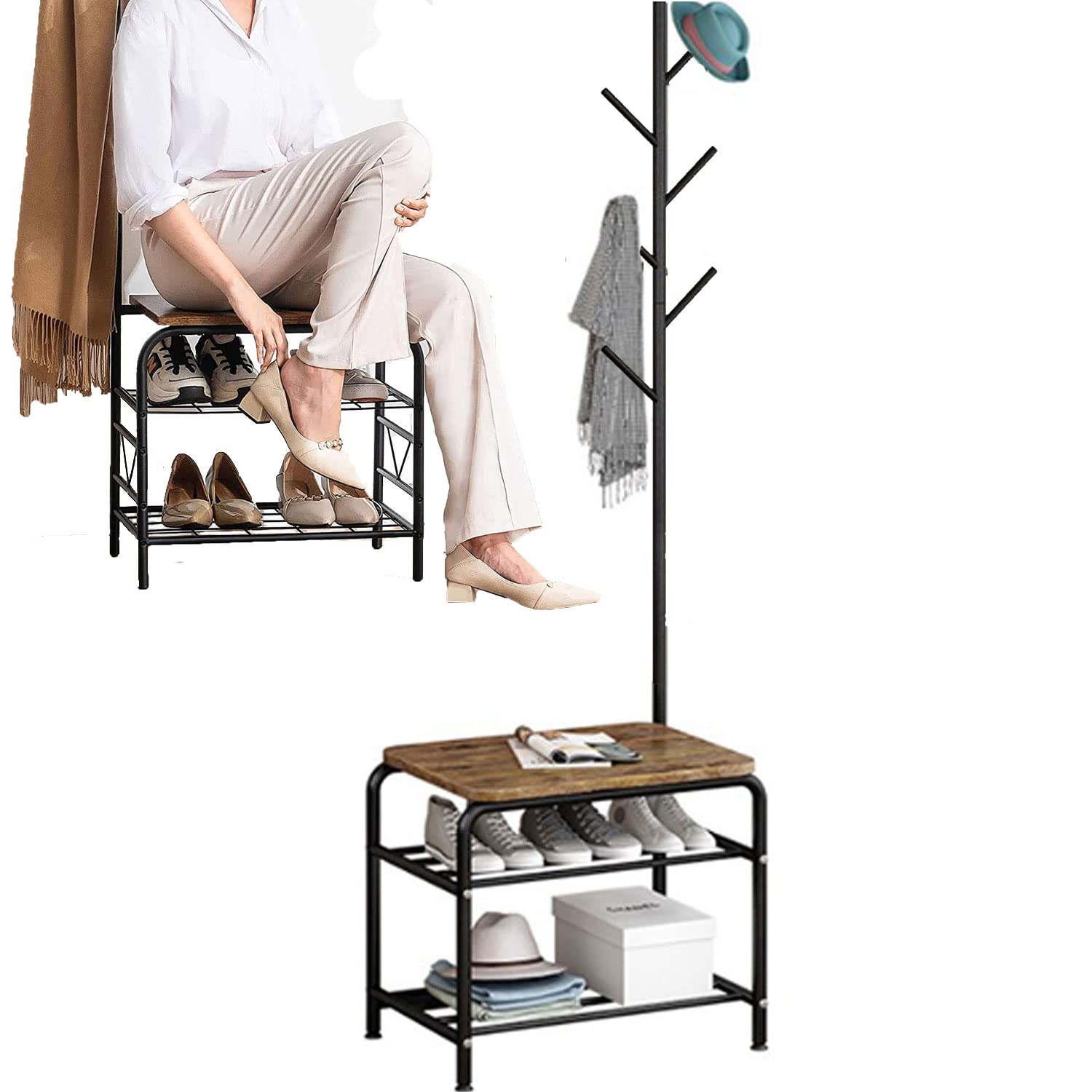 3 in 1 Coat Rack Stand, Hall Tree with 2-tier Shoe Storage Rack, Large Industrial Coat Hall Stand, 6 Removable Hooks, Wood Accent Top Shelf, Entryway Storage Shelf, Metal Frame