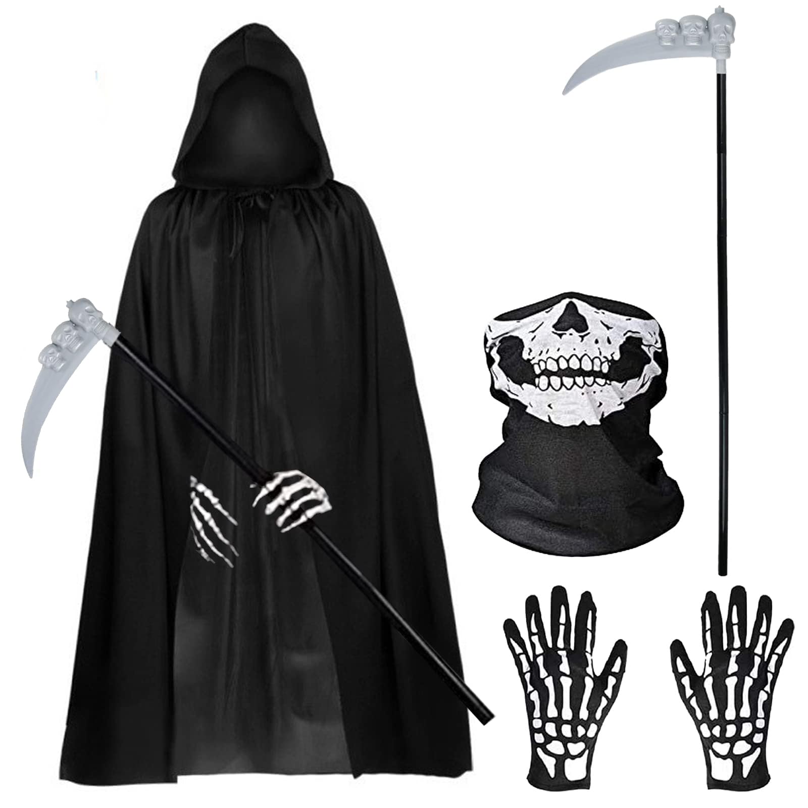 EGEKTBH Halloween Costumes, Grim Reaper Costume 4 Piece Set with Halloween Hooded Cloak Black Scythe, Skull Mask, Skeleton Gloves, Skeleton Halloween Costume for Party Costumes, Fancy Dress