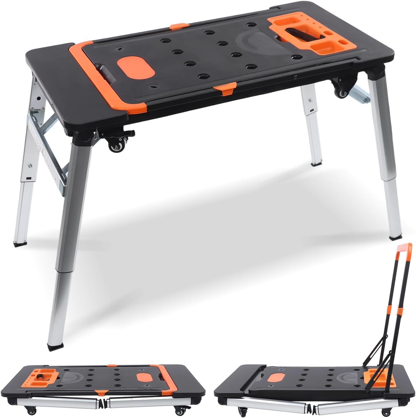 Folding Work Table 7 in 1 Multifunctional Work Benches Portable Workbench, 700lbs Capacity for Garage Workshop & DIY Projects with 4 Wheels & Tool Tray