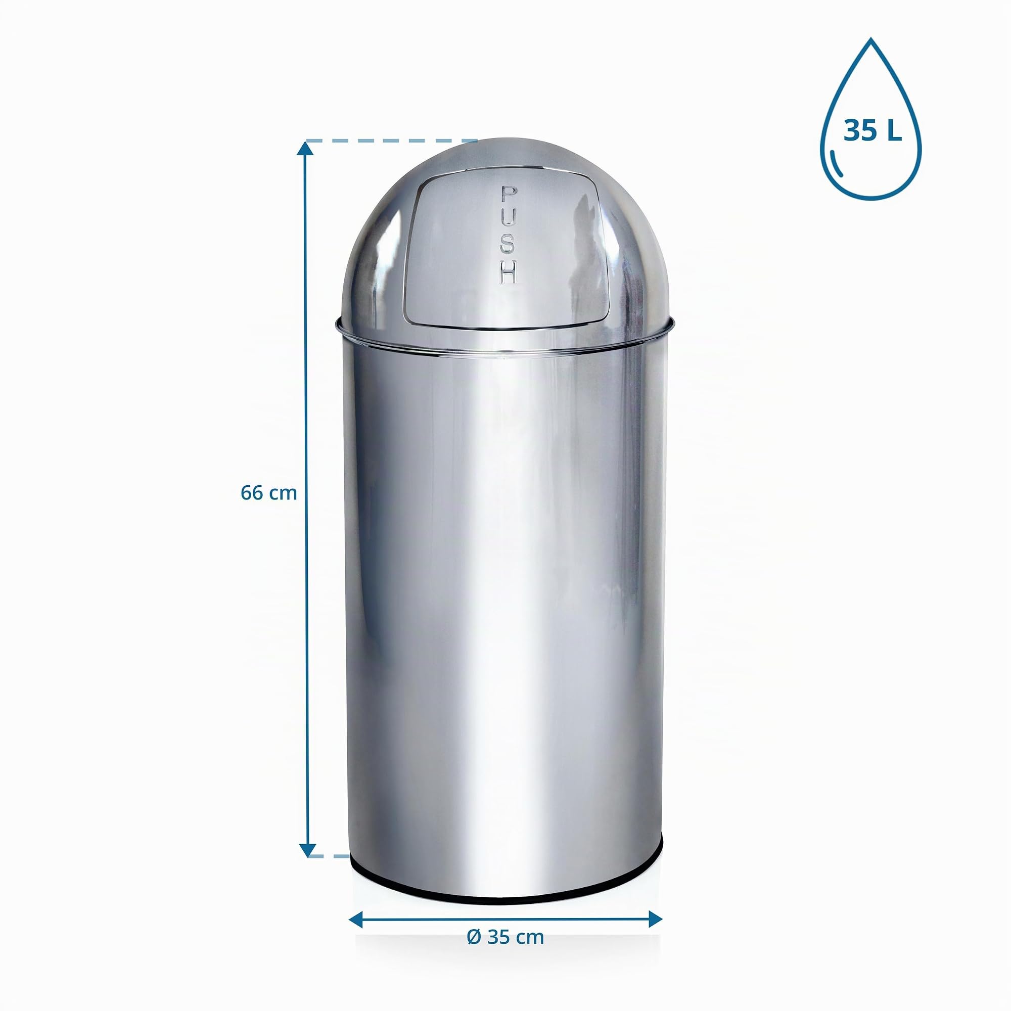 hjh OFFICE 741004 Cubo de Basura PUSH 35L Cromo con Tapa Push Capacidad 35 litros Cubo Interior extraible