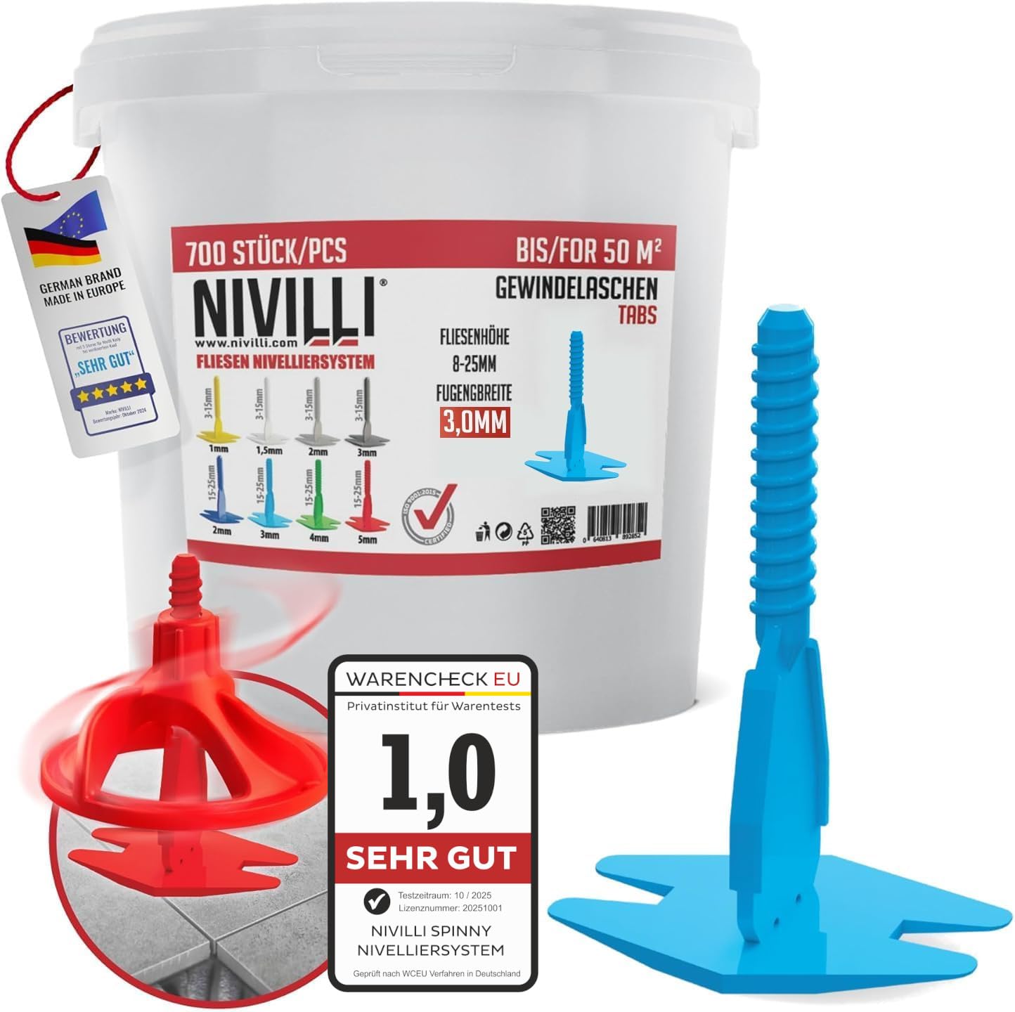 Nivilli Spinny – a technically high-quality levelling system for tiles, outdoor slabs and natural stones. The best at a reasonable price (3 mm joint widths, 700 pieces, material thickness 8-25 mm)