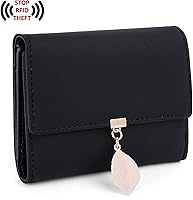 Vista 165 de UTO - Cartera pequeña RFID de piel sintética con dije de hoja, cierre de cremallera y tarjetero.