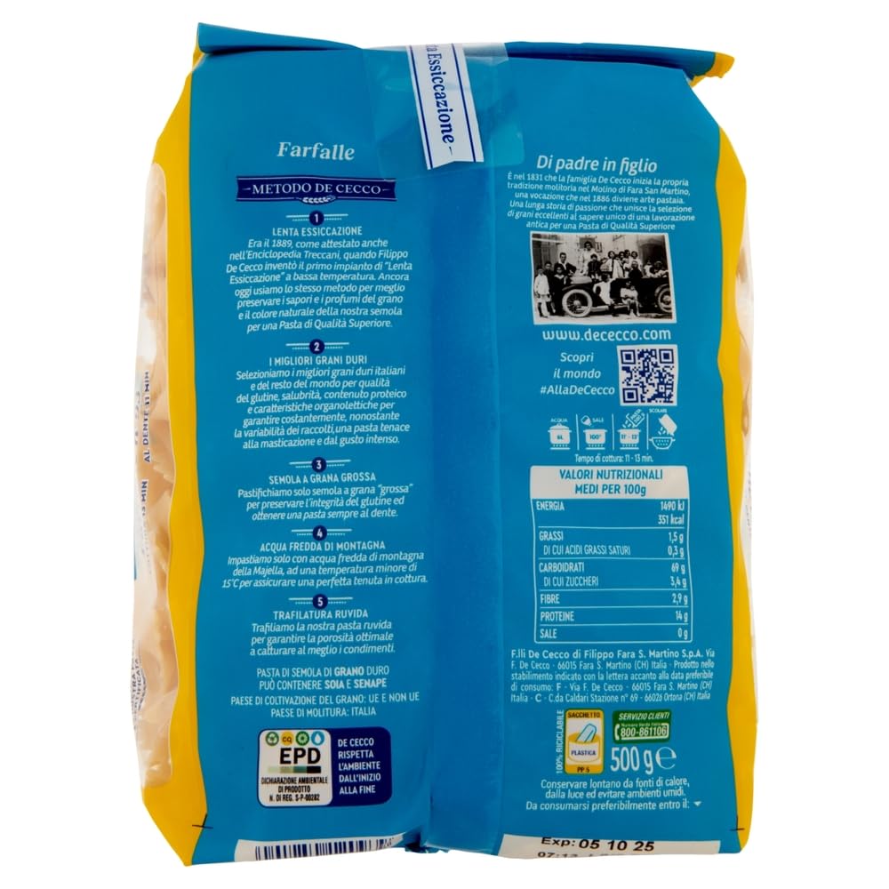 36x De Cecco Pasta Farfalle Nr.93, 100% Italienisch Nudeln 500g pack + Beni Culinari Kostenloser Schlüsselanhänger