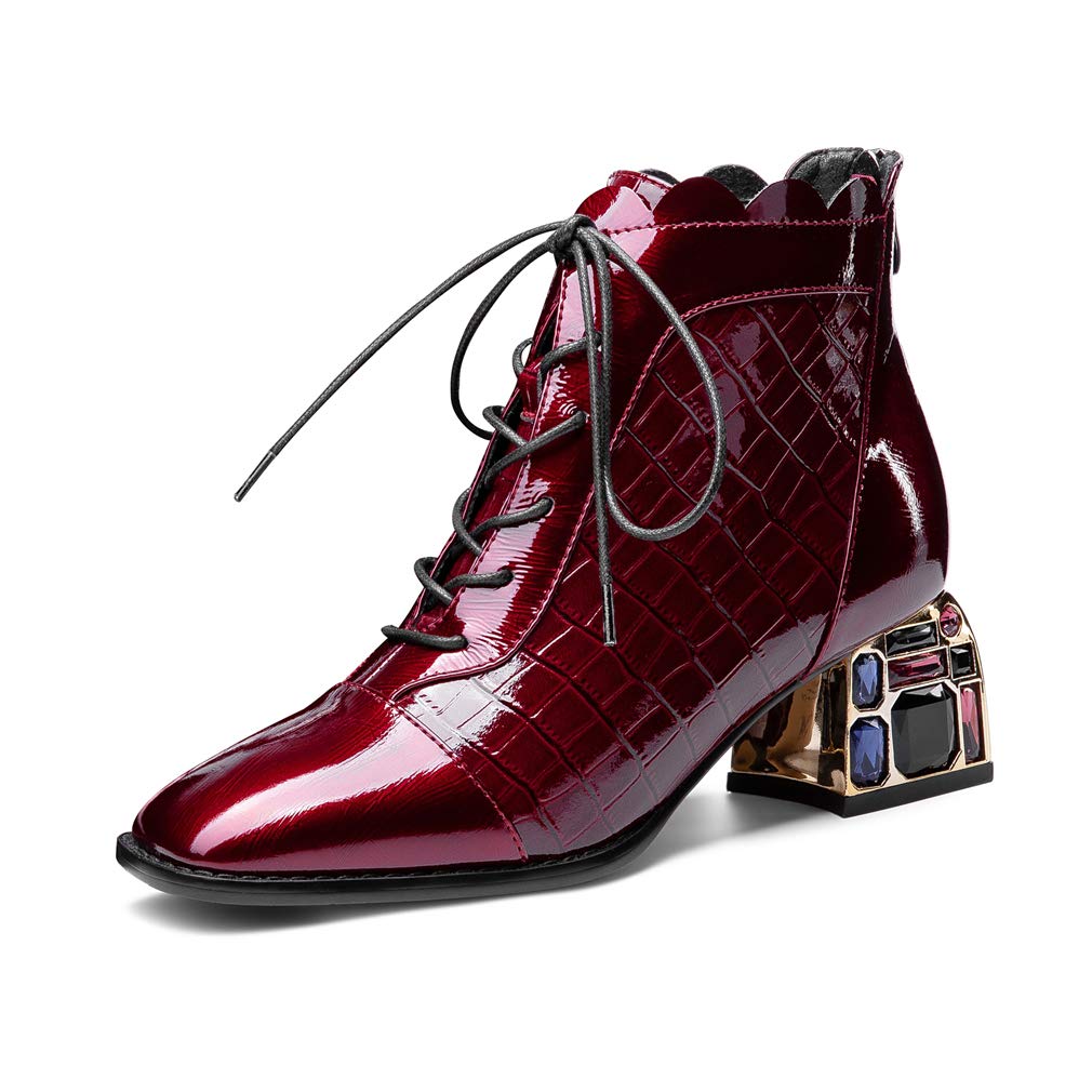 TinaCus Women's Glossy Patent Leather Handmade Colorful Crystal Mid Chunky Heel Round Toe Back Zipper Ankle Boots with Selftie