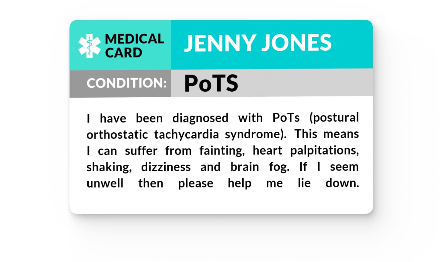 The Card Project UK PoTS (postural orthostatic tachycardia syndrome) Awareness Medical ID Alert Card