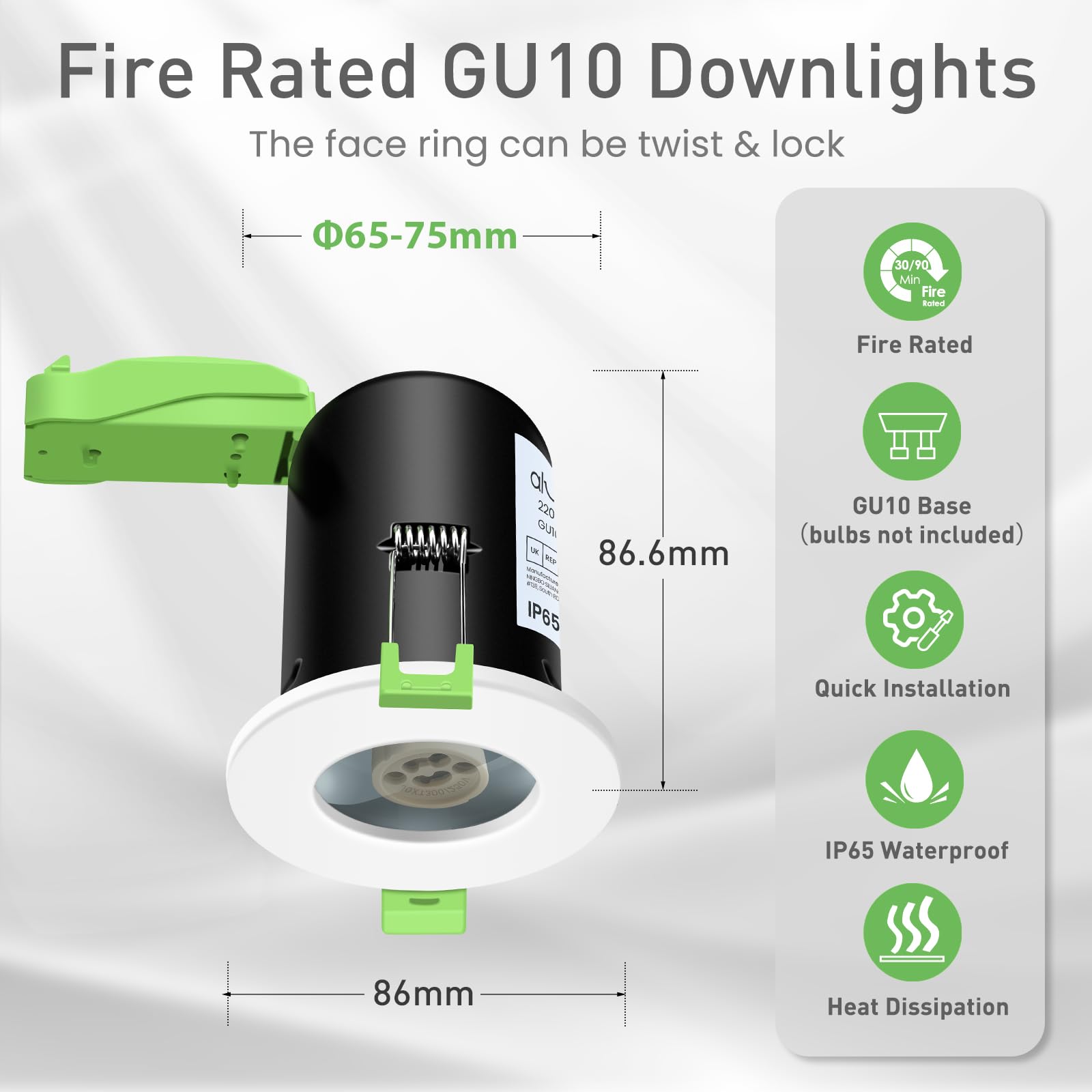 ALUSSO LED Fire Rated Downlight Can GU10 Recessed Ceiling, Twist & Lock Downlight IP65 Waterproof Spotlight - Image 2