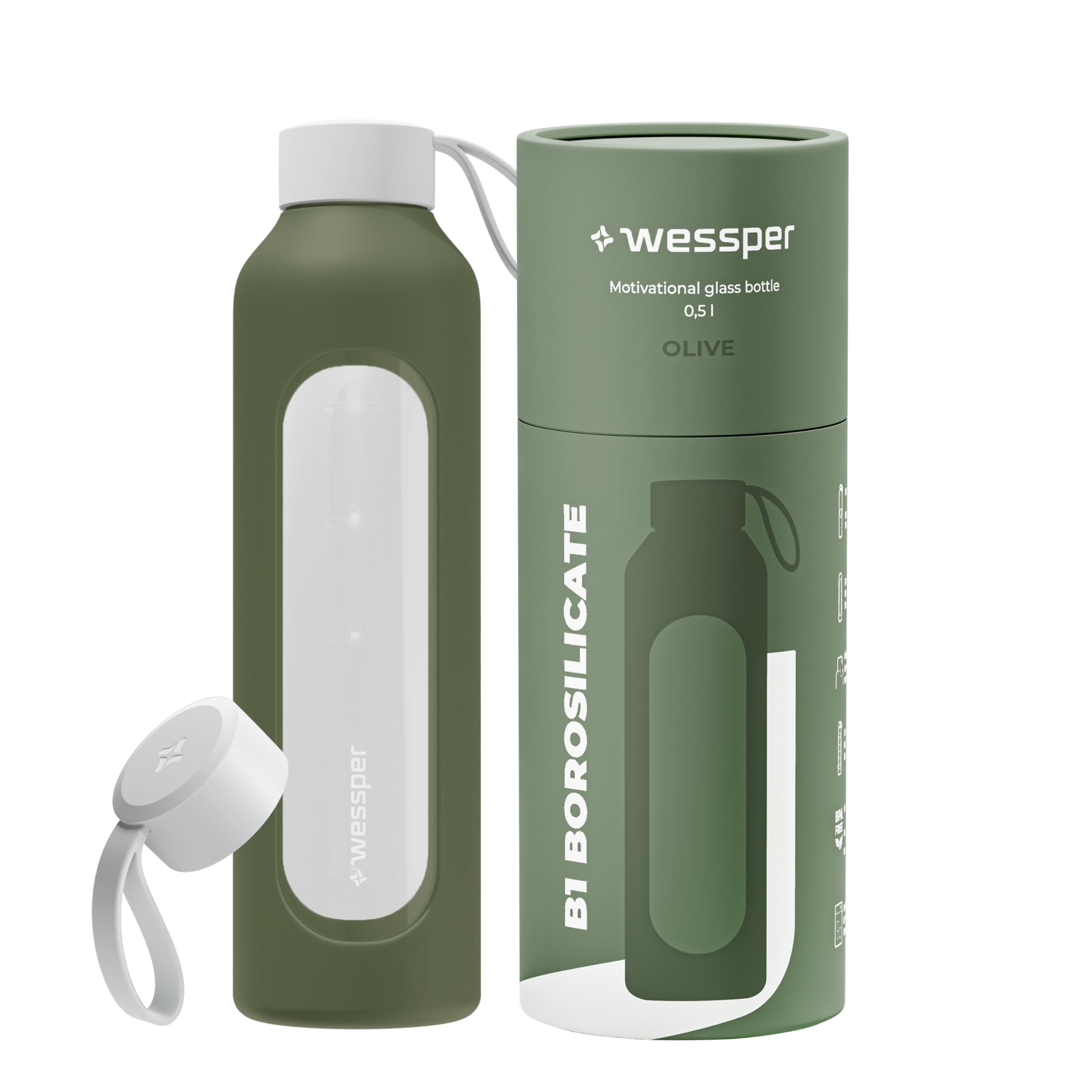 Wessper Botella de Agua Cristal, Botella 500 ml Motivadora con Escala de Hidratación, Botellas de Vidrio Borosilicato con Funda de Silicona, Material Seguro sin BPA - Violeta — view 14