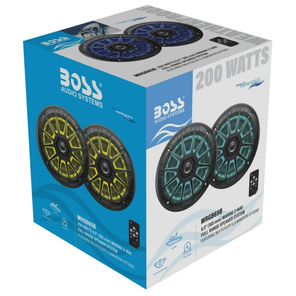 Kit Set para Boss Audio Systems MRGB65B, 2 Altavoces Marinos de 2 vías de 6,5" 16,5 cm x 165 mm, 100 vatios rms, 200 vatios máx, 4 ohmios, Resistentes al Agua, con LED RGB, por Pares + Accesorios