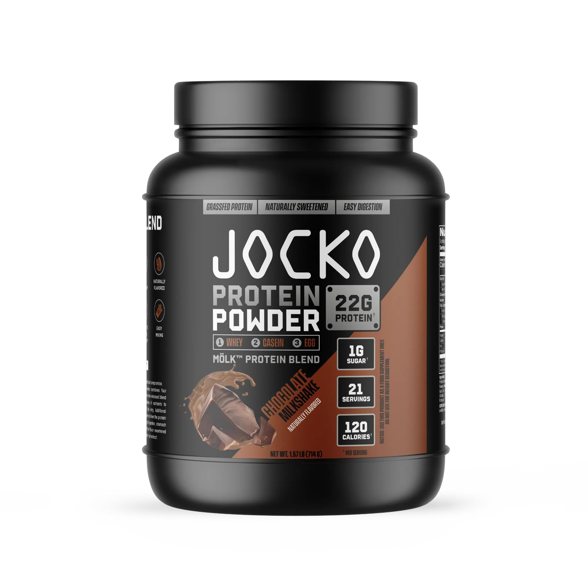 Jocko-Mölk Protein Powder, 21 Servings - Grass-Fed Whey, Micellar Casein, Egg Protein Blend with Digestive Enzymes, Probiotics, Sugar-Free, Soy-Free, Gluten-Free (21 Servings, Chocolate)