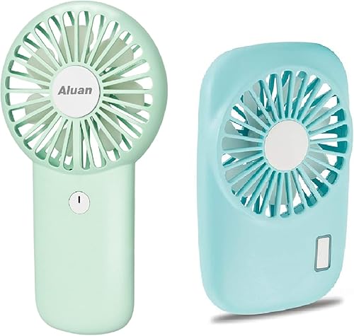 Miniatura 1 de Aluan Paquete de 2 mini ventiladores de mano para niños, mujeres, hombres, interiores y exteriores, viajes, refrigeración con cordón, verde y azul