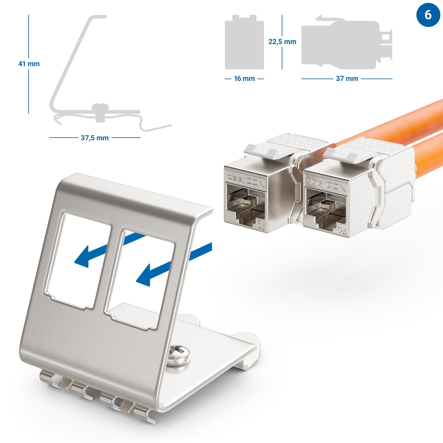 deleyCON 8x CAT6a Modulo Jack Keystone con 8x Adattatore 2 Porta per Barra DIN Come Set Schermatura in Metallo STP Presa RJ45 Rete 10 Gbit/s Montaggio a Scatto per Barre da 35mm