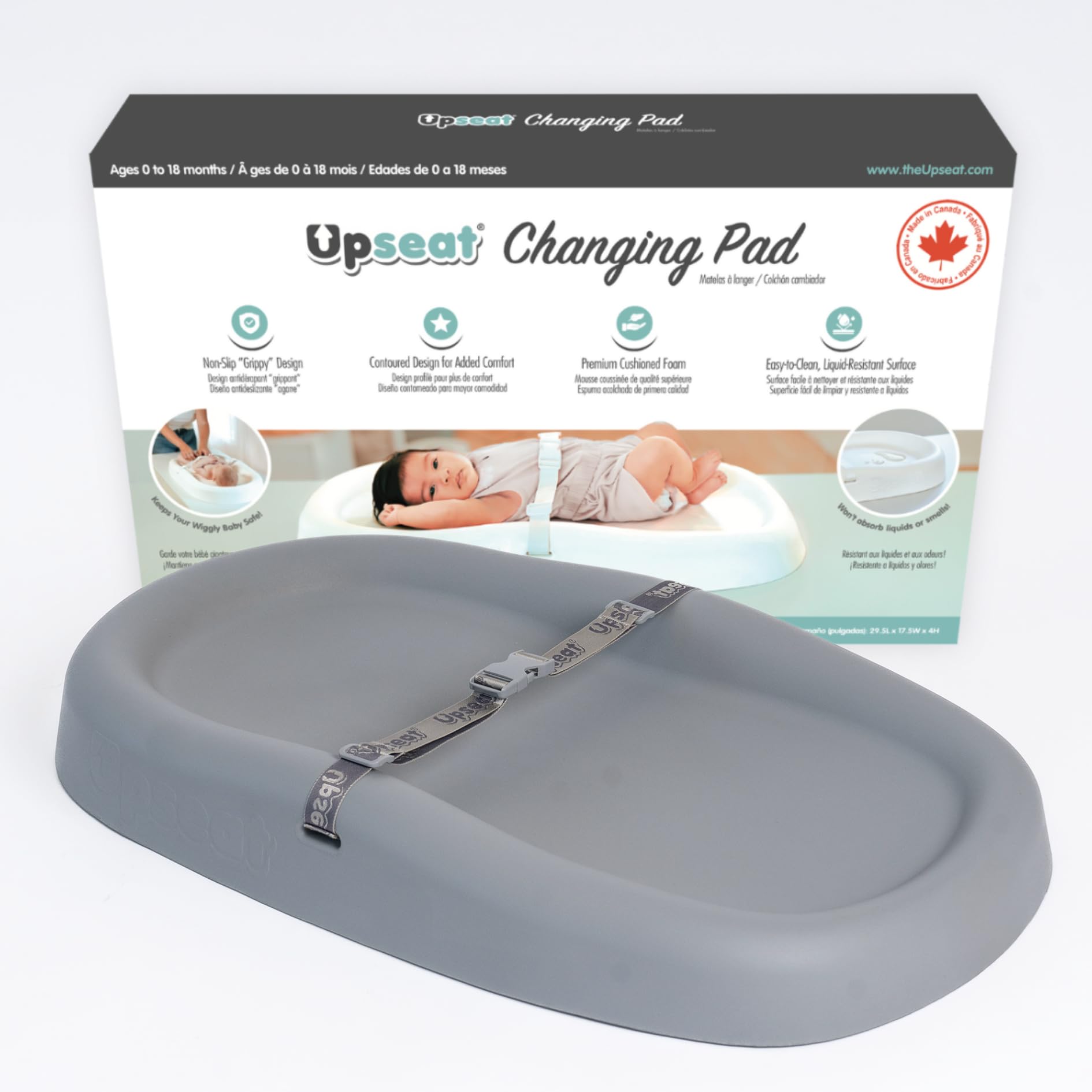 Upseat Baby Changing Pad, Non-Slip Grippy Design, Premium Cushioned Foam, Contoured for Comfort, Waterproof and Easy-to-Clean, Liquid-Resistant (Grey)