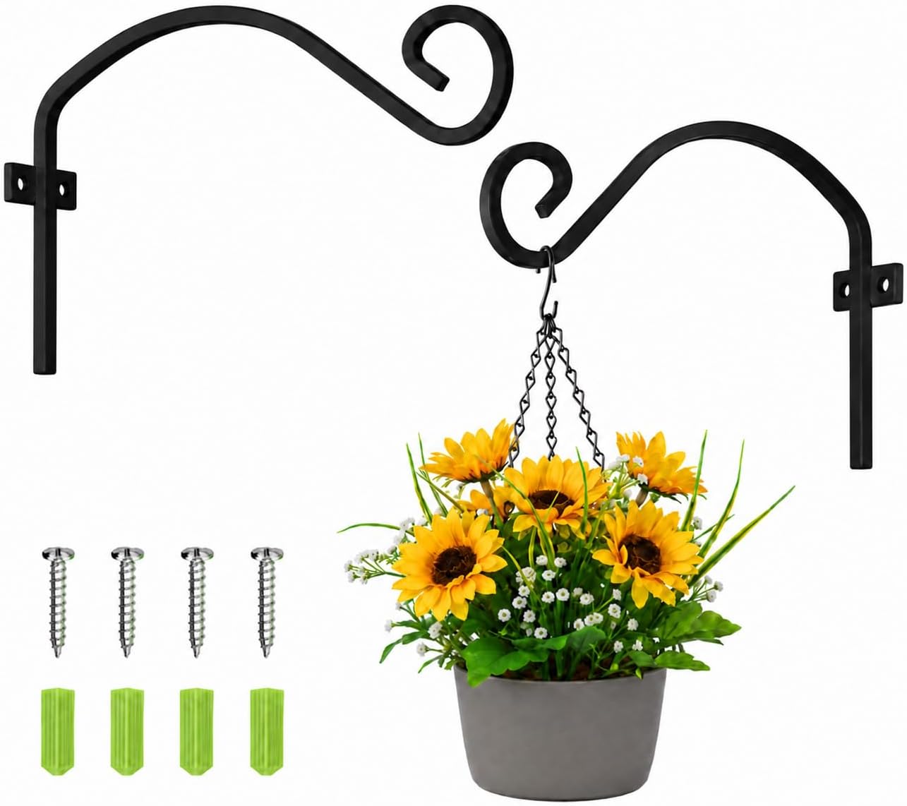 2 x Black Hanging Basket Bracket - Fittings Included – Heavy Duty Hanging Basket Brackets Outdoor - Hanging Hooks - Elegant Design to Display Your Outdoor Flower Baskets and Bird Feeders