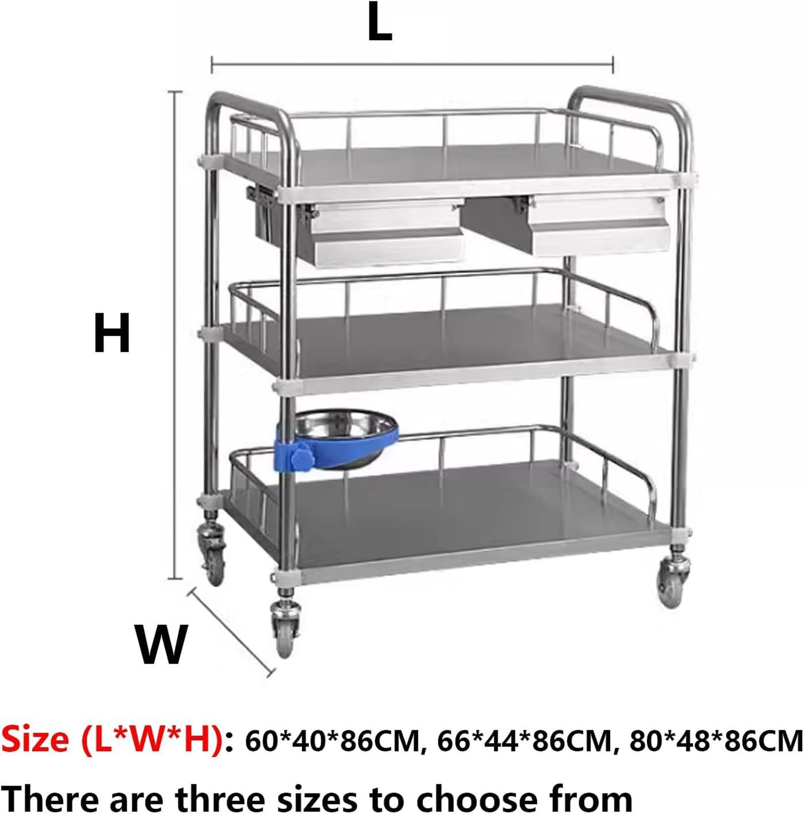 Carrello di Servizio Con Ruote in Acciaio Inox, carrello multiuso medico a due ripiani, carrello da laboratorio, carrello da clinica con cassetto e sponda di protezione(60 * 40 * 86cm)
