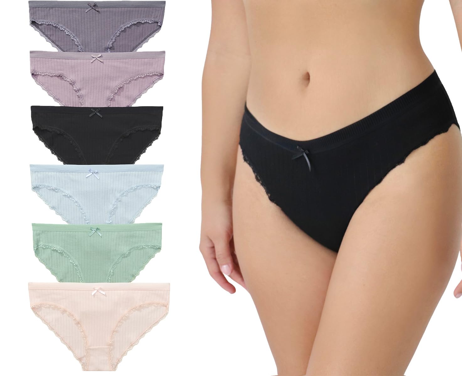 Women's Soft Cotton Bikini Panties Lace Trim Low Rise Cheeky Cut Underwear 6 Pack-image-32