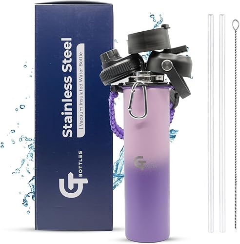 Miniatura 34 de Botella de agua de boca ancha aislada al vacío de acero inoxidable de 25 onzas con 3 tapas y mango de paracaídas para bebidas calientes y frías