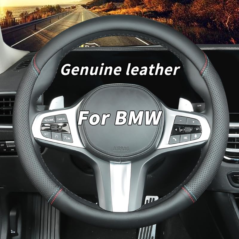 Custom-Fit for Steering Wheel Cover, Genuine Leather Steering Wheel Cover, Non-Slip, Breathable, for BMW Accessories (Black (red Blue line), for BMW)