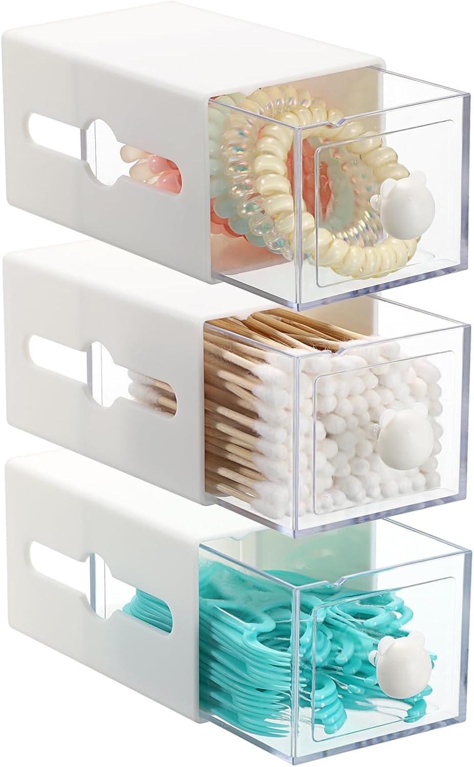 3 Packs Qtip Holder for Bathroom Plastic Q-tip Dispenser with Drawer Wall Mounted Cotton Swab Holder Bathroom Vanity Makeup Organizer for Qtip Cotton Balls Pads Floss Picks